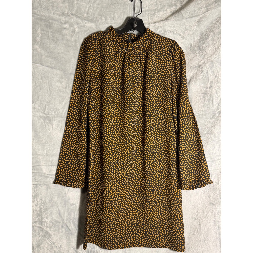 J.Crew Womens Long Sleeve Ruffle Neck Dot Print Shift Dress Black Mustard Size 4